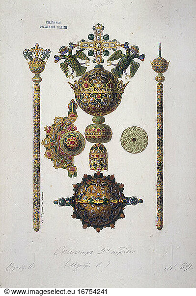 History / Insignia:
Russia. Sceptre of Tsar Alexei I of Russia  1658. Watercolour  c.1830 by Feodor Solntsev (1801–1892). Inv. no. GR-4405 Kremlin State Museum  Moscow  Russia.