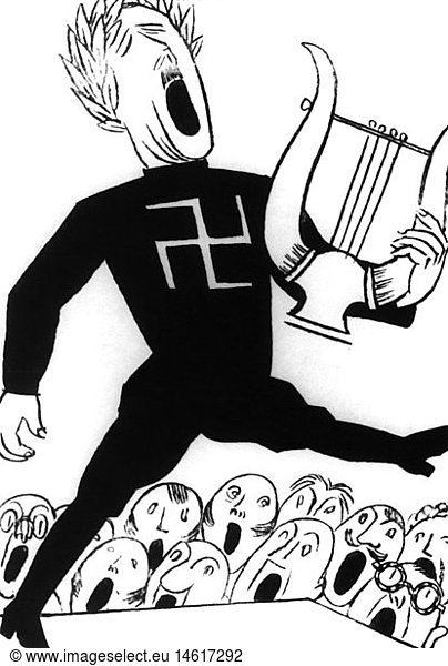 Hitler  Adolf  20.4.1889 - 30.4.1945  deut. Politiker (NSDAP)  Karikatur  'Hitler hat nichts BÃ¶ses gewollt. Er war immer nur Lyriker'  Zeichnung  'Simplizissimus'  MÃ¼nchen  16.1.1928