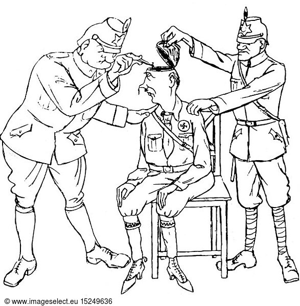 Hitler  Adolf  20.4.1889 - 30. 4.1945 deut. Politiker (NSDAP)  Karikatur  'Unergiebige Haussuchung bei Hitler'  Zeichnung von Thomas Theodor Heine  1932