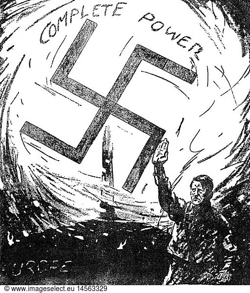 Hitler  Adolf  20.4.1889 - 30.4.1945  deut. Politiker (NSDAP)  Reichskanzler 30.1.1933 - 30.4.1945  Karikatur  'GefÃ¤hrliches Feuerwerk'  Zeichnung  'New York World Telegraph'  25.3.1933