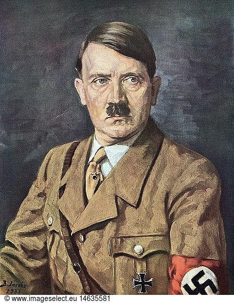 Hitler  Adolf  20.4.1889 - 30. 4.1945 deut. Politiker (NSDAP)  Reichskanzler 30.1.1933 - 30.4.1945  Portrait  Druck nach GemÃ¤lde von B. Jacobs  1933