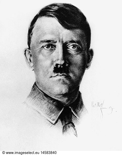 Hitler  Adolf  20.4.1889 - 30.4.1945  deut. Politiker (NSDAP)  Reichskanzler 30.1.1933 - 30.4.1945  Portrait mit Unterschrift  Zeichnung  1930er Jahre
