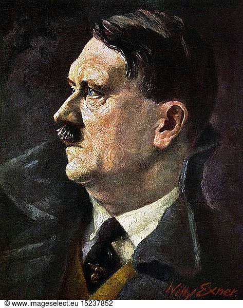 Hitler  Adolf  20.4.1889 - 30.4.1945  deut. Politiker (NSDAP)  Reichskanzler 30.1.1933 - 30.4.1945  Portrait  Postkarte nach einem GemÃ¤lde von Willy Exner  1938 / 1939