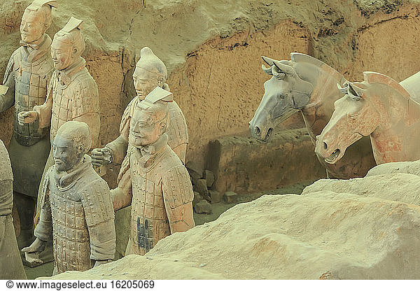 Hochformatige Ansicht der Terrakotta-Armee  Krieger und Pferde  Xian  China