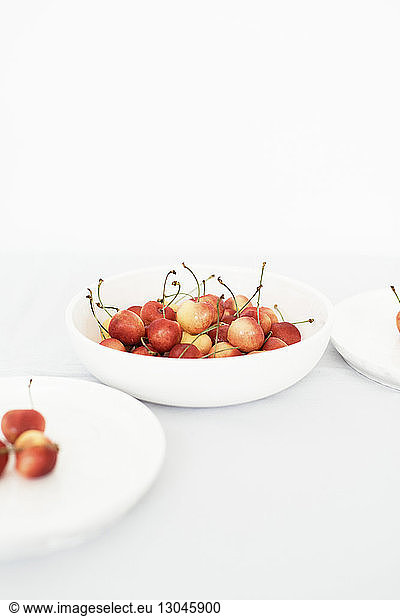 Hochwinkelansicht von Kirschen in Tellern vor weißem Hintergrund
