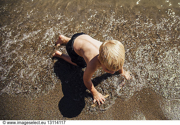 Hochwinkelaufnahme eines Jungen ohne Hemd  der am Strand am sonnigen Tag am Ufer spielt