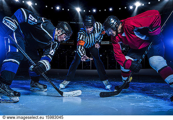 Hockeyspieler und Schiedsrichter zu Beginn des Spiels