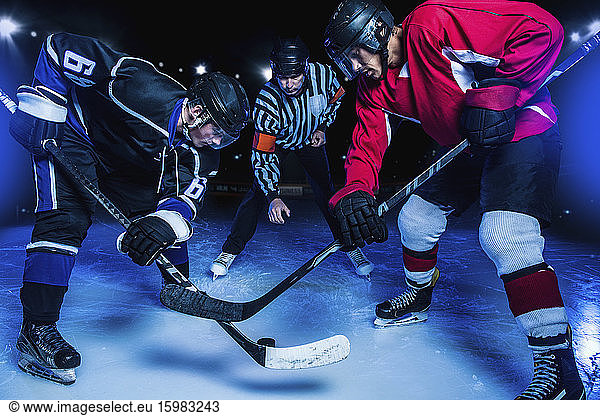 Hockeyspieler und Schiedsrichter zu Beginn des Spiels
