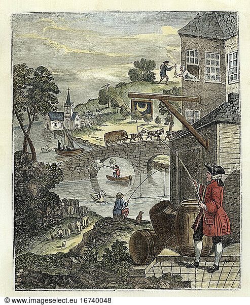 Hogarth  William 1697–1764. “The False Perspective . Wood engraving  after copper engraving by Hogarth.
From The Penny Magazine  vol 6  no. 296 
Leipzig  (F.A. Brockhaus)  1838 
(1 December).
Later colouring.