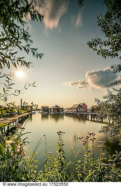 Holiday homes in the lake  wooden houses with a jetty as access and framed with trees. Evening light and long exposure  Floating Village  Bokodi  Hungary  Europe