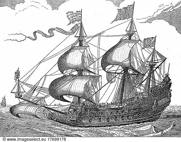 Holländisches Kriegschiff aus dem 16. Jahrhundert  Historisch  digital restaurierte Reproduktion einer Vorlage aus dem 19. Jahrhundert