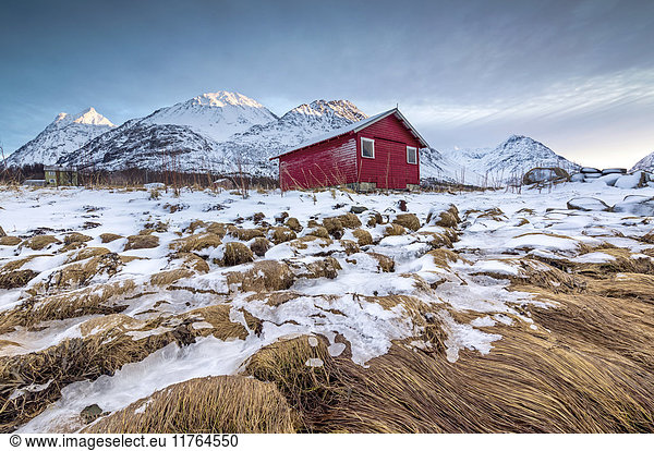 Holzhütte umrahmt von mit Gras und Eis bedeckten Felsen mit schneebedeckten Gipfeln im Hintergrund  Svensby  Lyngen Alps  Troms  Norwegen  Skandinavien  Europa