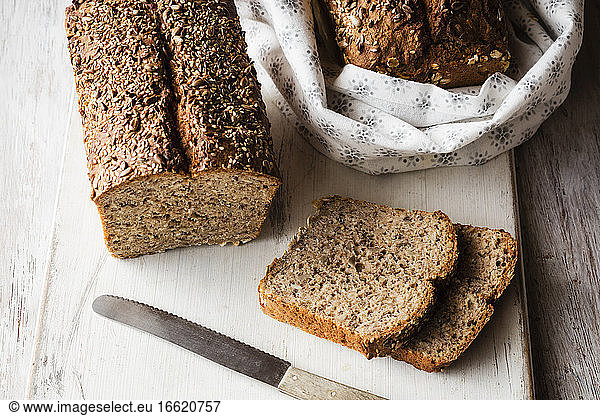 Home baked buckwheat bread and slices kept on cutting board