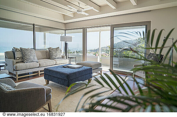 Home showcase interior living room with ocean view