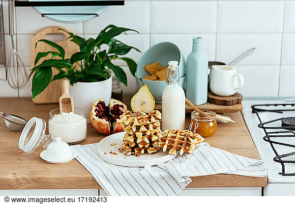homemade waffles. ingredients. kitchen. morning.