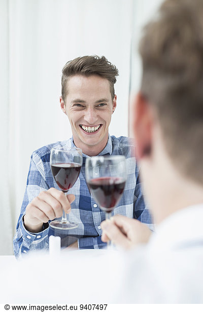 Homosexual couple holding wine glass  smiling