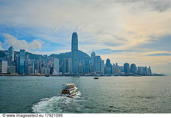 HONG KONG  CHINA  MAY 1  2018: Hong Kong skyline cityscape downtown skyscrapers over Victoria Harbour on sunset. Hong Kong  China  Asia