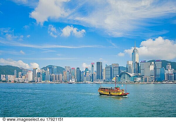 HONG KONG  CHINA  MAY 1  2018: Hong Kong skyline cityscape downtown skyscrapers over Victoria Harbour on sunset. Hong Kong  China  Asia