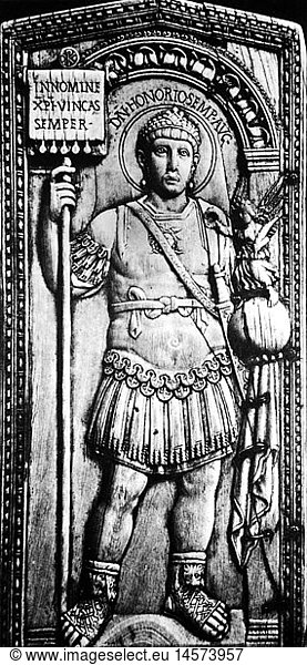 Honorius (Flavius Honorius)  9.9.384 - 15.8.423  westrÃ¶m  Kaiser  Ganzfigur  als Feldherr  Dyptichon des Anicius Petronius Probus  Elfenbein  406  Domschatz Aosta