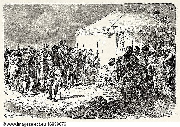 Hormuzd Rassam wird von Tewodros II. in Abessinien (Äthiopien) empfangen. Alter Stich aus dem 19. Jahrhundert  Narrative of a Journey through Abyssinia von Guillaume Lejean aus El Mundo en La Mano 1879.