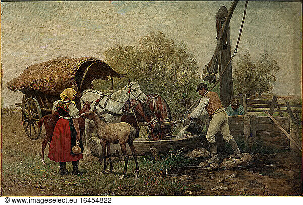 Horse cart stopping at a draw well