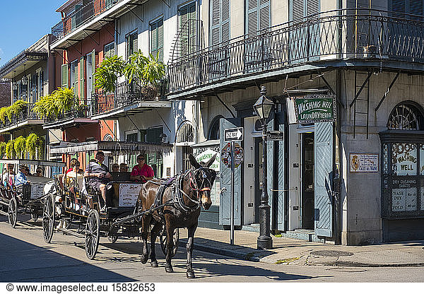 Horse-drawn carriage and buildings on Bourbon St.  New Orleans  Louisiana  United States