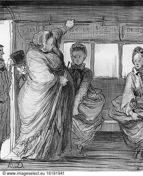 Horse Tram in Paris / Litho. by H.Daumier