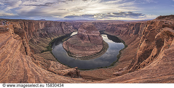 Horseshoe bend in panoramic view at sunset