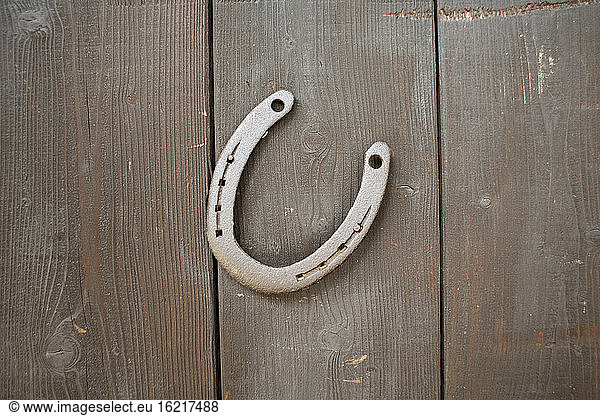 Horseshoes on brown wooden wall