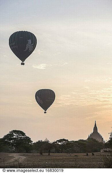 Hot Air Balloon flight over Sulamani Temple in the Temples of Bagan (Pagan) at sunrise  Myanmar (Burma)