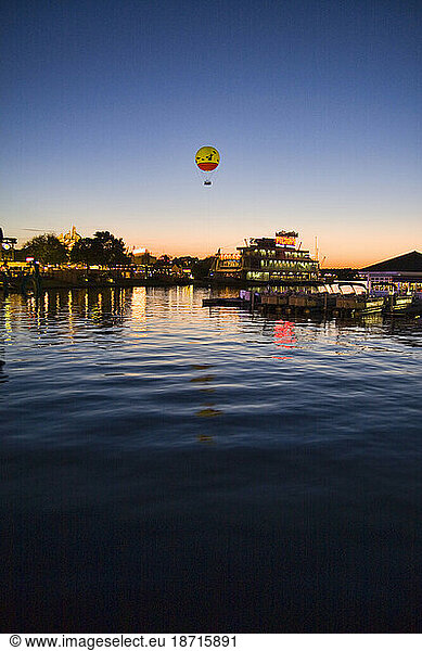 Hot air balloon floats above Downtown Disney in Orlando  Florida.