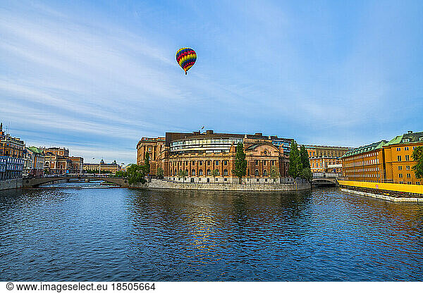 Hot air balloon over the Parliament House (Riksdagshuset)  Stockholm