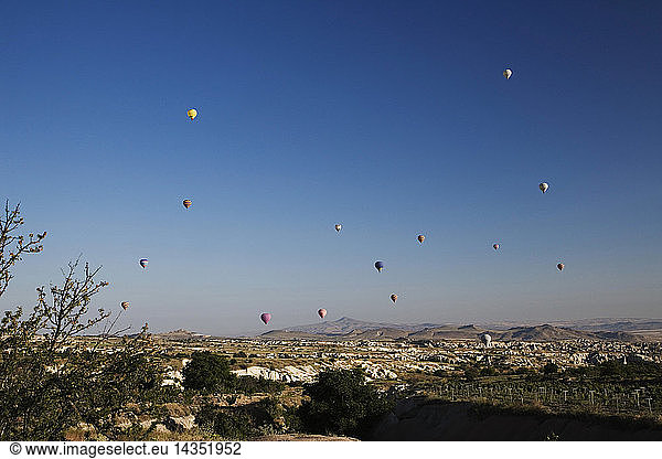 Hot Air Ballooning over Cappadocia  near Uchisar  Turkey  Europe