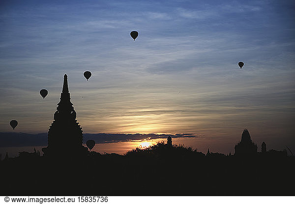 Hot Air Balloons During Sunrise Over The Temples in Bagan  Myanmar