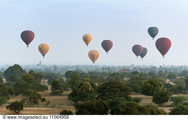 Hot-air Balloons in flight over temples  seen from Pyathada Paya  Bagan  Myanmar  Asia