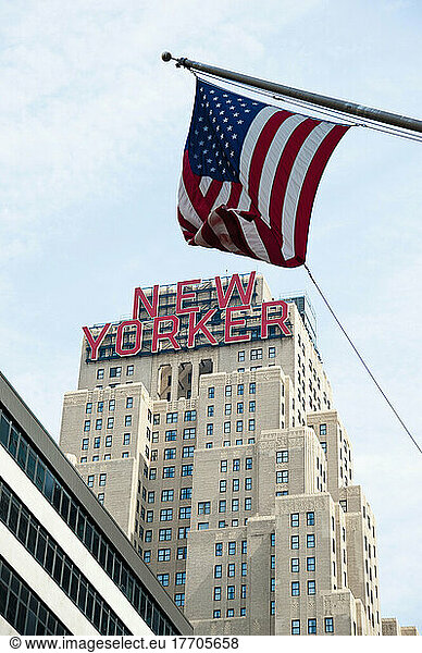 Hotel New Yorker And American Flag  Garment District  Manhattan  New York  Usa