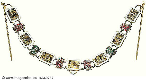 House Knight's Order of St. Hubert.  A miniature of the order's collar. Thirteen silver gilt and enamelled chain links with seven scenes of St. Hubert's conversion in relief and six alternating red and green enamelled motto initials 'I.T.V. (In Trav Vast). The central link has a semicircular eye for the badge. Length 13 cm. With two gilt fastening pins. The House Knight's Order of St. Hubert  with the exception of twelve capitularies of the rank of count or baron  was reserved exclusively for royalty. historic  historical  20th century  medal  decoration  medals  decorations  badge of honour  badge of honor  badges of honour  badges of honor  object  objects  stills  clipping  clippings  cut out  cut-out  cut-outs