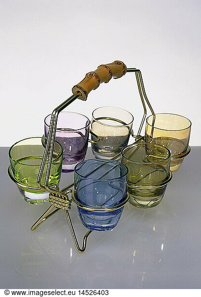 household  dishes  six drinking glasses in golden rack with wooden handle  1950s