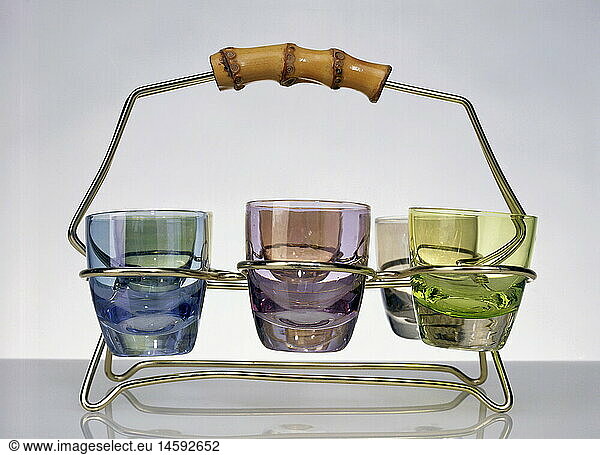 household  dishes  six drinking glasses in golden rack with wooden handle  1950s