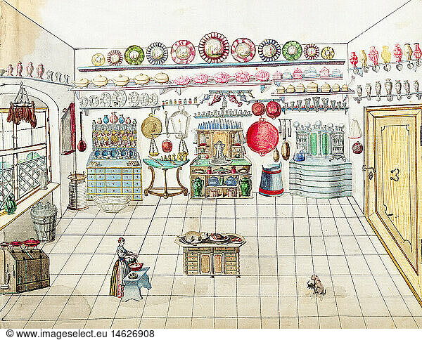 household  kitchen and kitchenware  'Anrichteraum' (Pantry room)  illustration  children`s book  Nuremberg  Germany  late 19th century  30 cm x 38 cm  Bavarian National Museum  Munich
