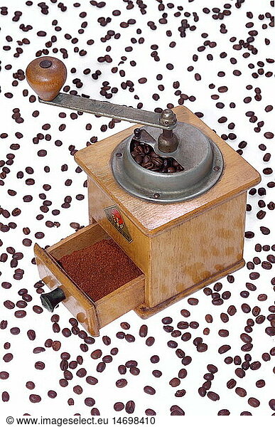 household  kitchen and kitchenware  coffee mill  coffee beans  Germany  early 1950s  50s  20th century  coffee bean  coffee grinders  coffee mills historic  historical  crank handle  crank handles  coffein  wooden  full  filled  utilities  homewares