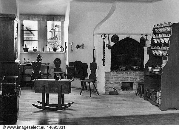 household  kitchen and kitchenware  old kitchen from Darss  19th century  19th century  Germany  Mecklenburg-West Pomerania  Mecklenburg-Western Pomerania  Mecklenburg West Pomerania  Mecklenburg Western Pomerania  kitchen  kitchens  kitchen furnishings  chairs  chair  shelf  shelves  dishes  dish  tableware  plate  plates  stove  stoves  fireplace  fireplaces  household  households  kitchen appliances  kitchen utensils  kitchen device  historic  historical