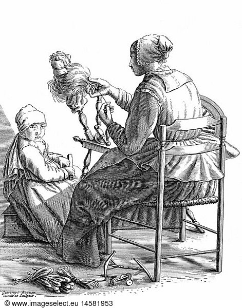 household  manual labour  handsewing and knitting  mother with spinning wheel and child  copper engraving by Gertrud Raghman  17th century  historic  historical  sitting on chair  cloth  bonnet  Netherlands  handicraft  needlework  people