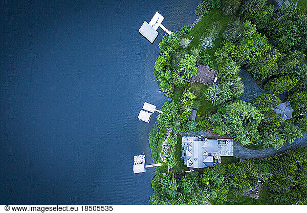 Houses and boat pierses on Cowichan lake from above