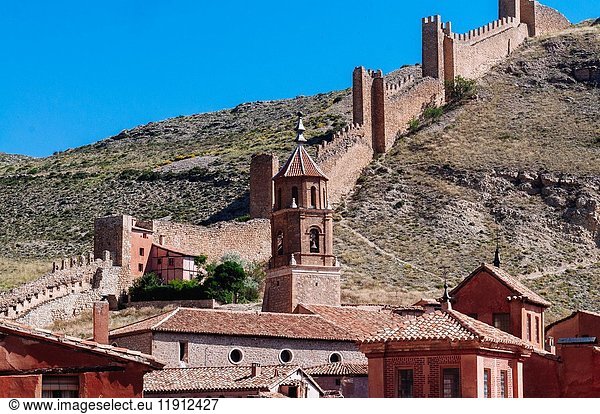 Houses and stone wall in the medieval village of Albarracin  Teruel  Spain.