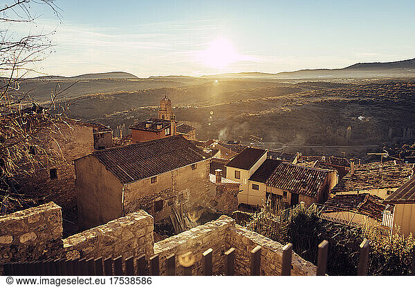 Houses in Estopinan del Castillo at sunset  Huesca Province  Spain