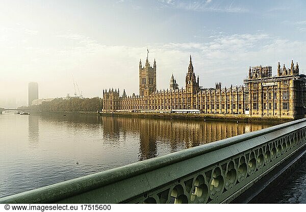 Houses of Parliament  the iconic old London building and tourist attraction landmark with beautiful sun light  shot in Coronavirus Covid-19 lockdown in England  UK
