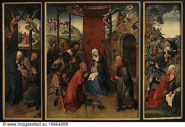 Hugo van der Goes (ca.1440-1482). Flämischer Maler. Anbetung der Könige (Triptychon). Anbetung der Heiligen Drei Könige  mittlere Tafel; Die Beschneidung  linke Tafel; Das Massaker an den Unschuldigen  rechte Tafel. 15. Jahrhundert. Öl auf Leinwand. Staatliches Eremitage-Museum. Sankt Petersburg. Russland.