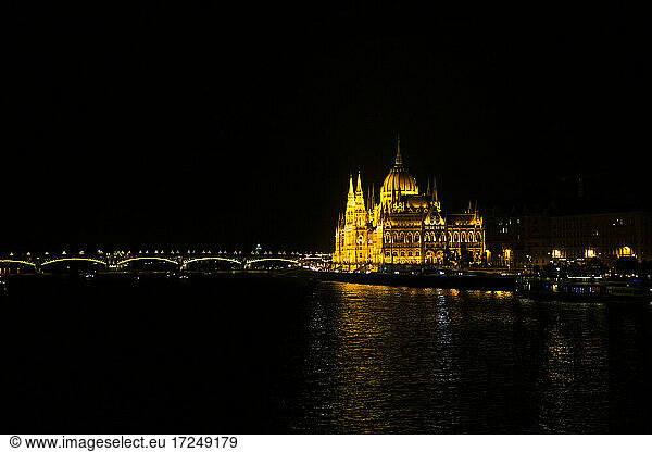 Hungarian Parliament illuminated at night in Budapest  Hungary