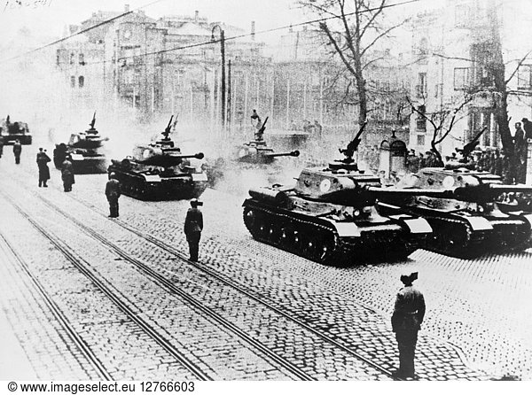 HUNGARY: BUDAPEST  1952. Tanks of the Soviet Army parade through the streets of Budapest  Hungary. Photograph  1952.